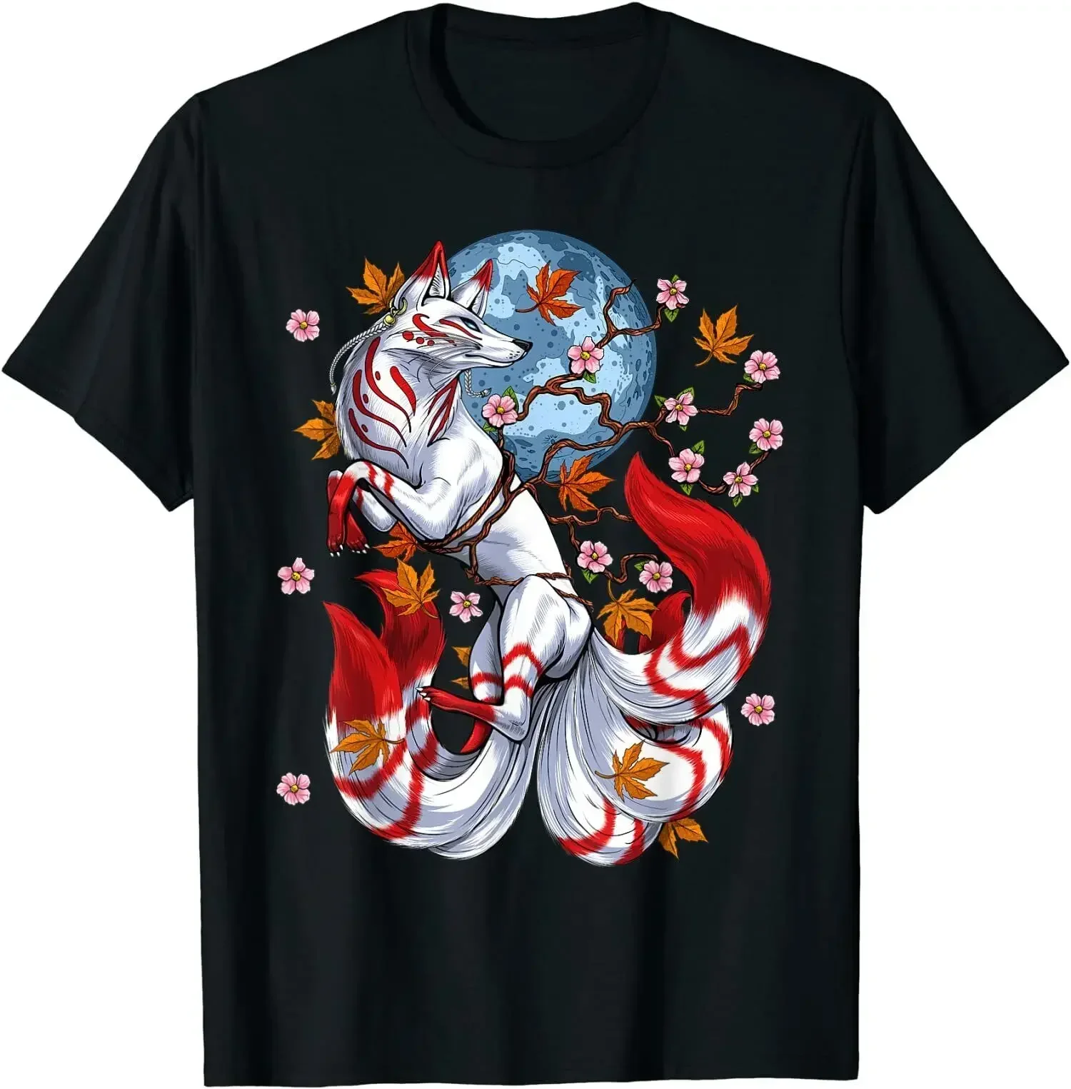 Kitsune Fox Japanese Nine Tailed  O-Neck Cotton T Shirt Men Casual Short Sleeve Tees Tops Harajuku Streetwear