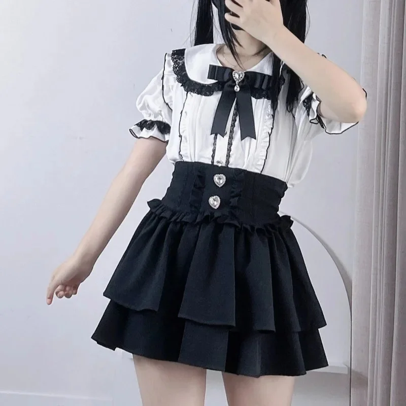Lizzisa Bow Dresses Y2K Landmine Soft Girl Japan Sweet And Cute Lace Bow Ruffle Half Skirt A-line Medium Waist Short Skirt New