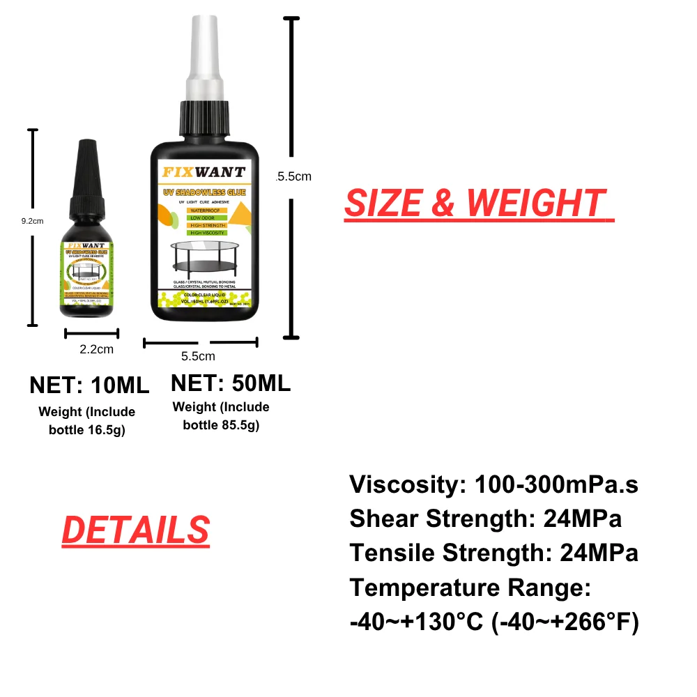 UV Glue Shadowless Adhesive for Glass Coffee Table Crystal Metal High Transparency Fast Curing Repair Glue 10ml/50ml