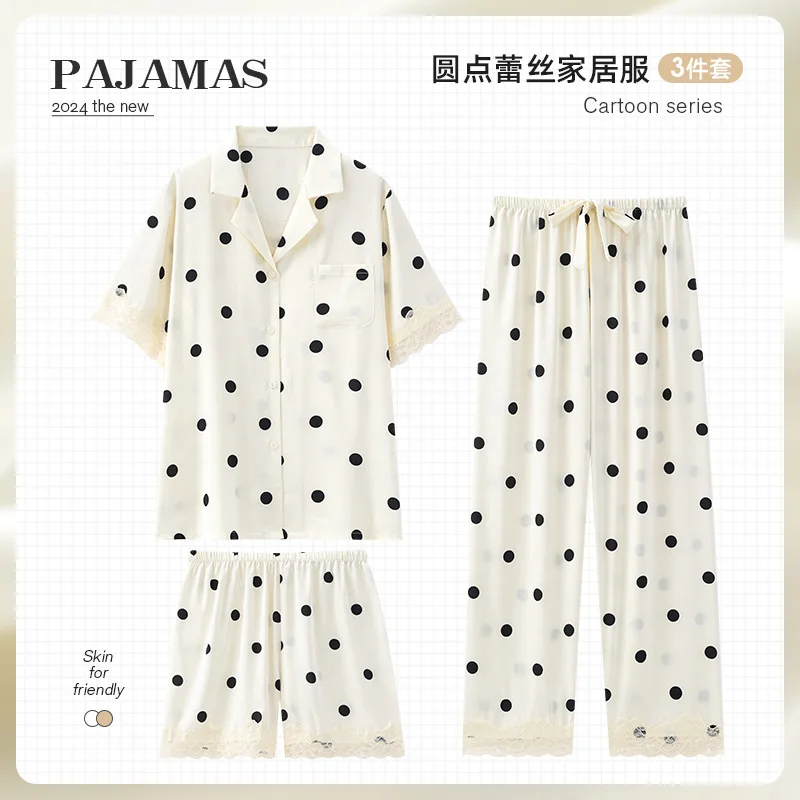 Summer Ladies Thin Satin Pajamas Set Lace Stitching Polka Dot Printed Loose Pants Home Lounge Wear White Home Pyjama Suit