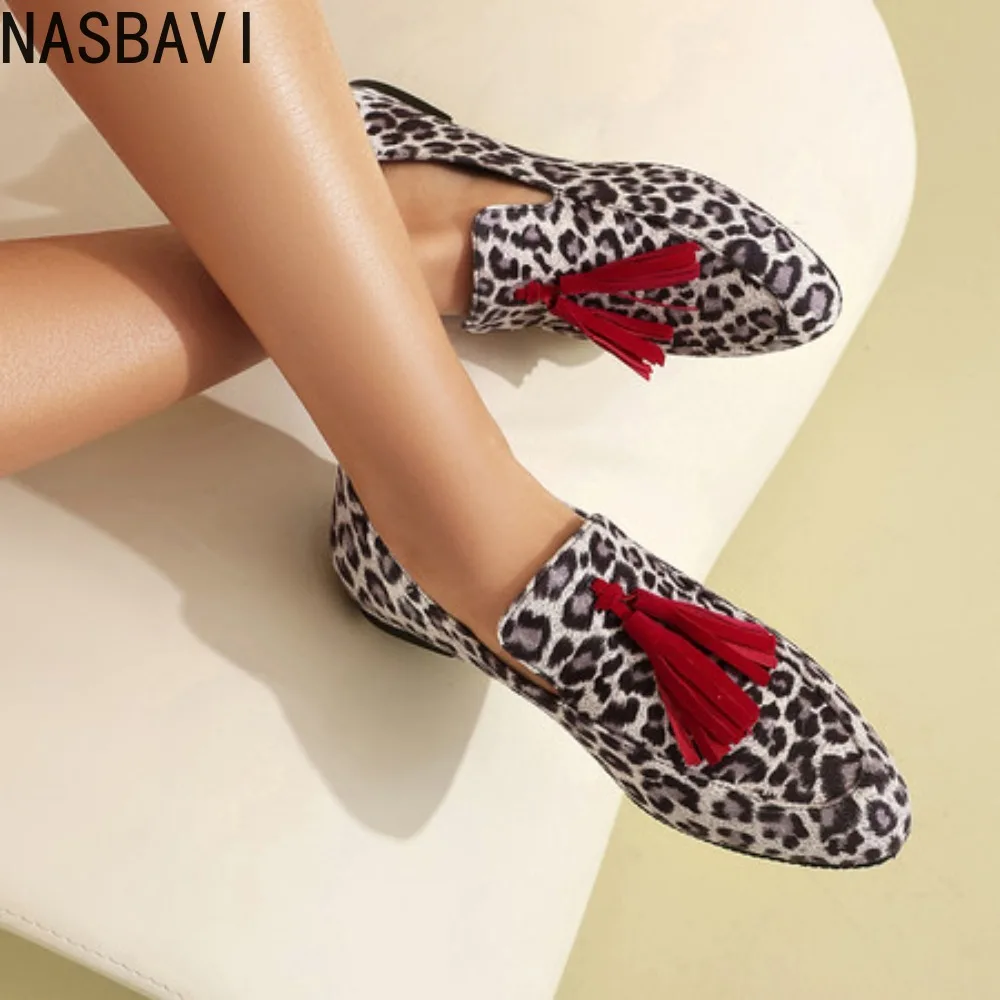 

Suede Leather Slip-on Ballet Flats Loafers Round Toe Leopard Casual Female French Single England Shoes Women Large Size 35-48