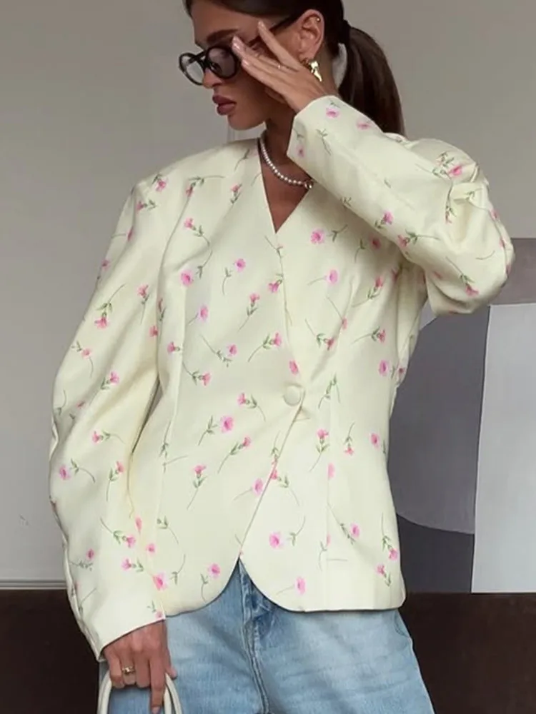 DFDG Women 2026 Spring Floral Print Blazer Jacket Collarless Puff Sleeve Single Breasted Slim Fit Elegant Casual Outerwear Coat
