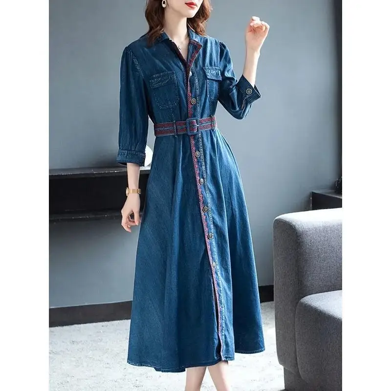 Spring Summer Women's Clothing Cotton Maxi Denim Dress Hand Embroidery Plus Size French Retro Korean Cheongsam Skirt Harajuku