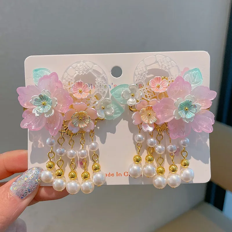 Acessórios de cabelo tradicionais, grampos de cabelo pendurados florais com borlas de borboleta de cristal para meninas, estilo antigo, grampos de cabelo de princesa