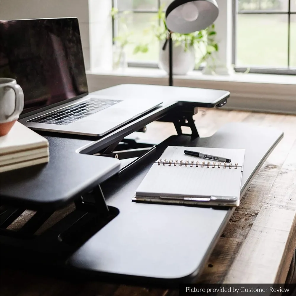 Conversor de mesa elétrico de pé, 36 "de largura, motorizado, riser de mesa para monitor e laptop, mesa preta com altura ajustável