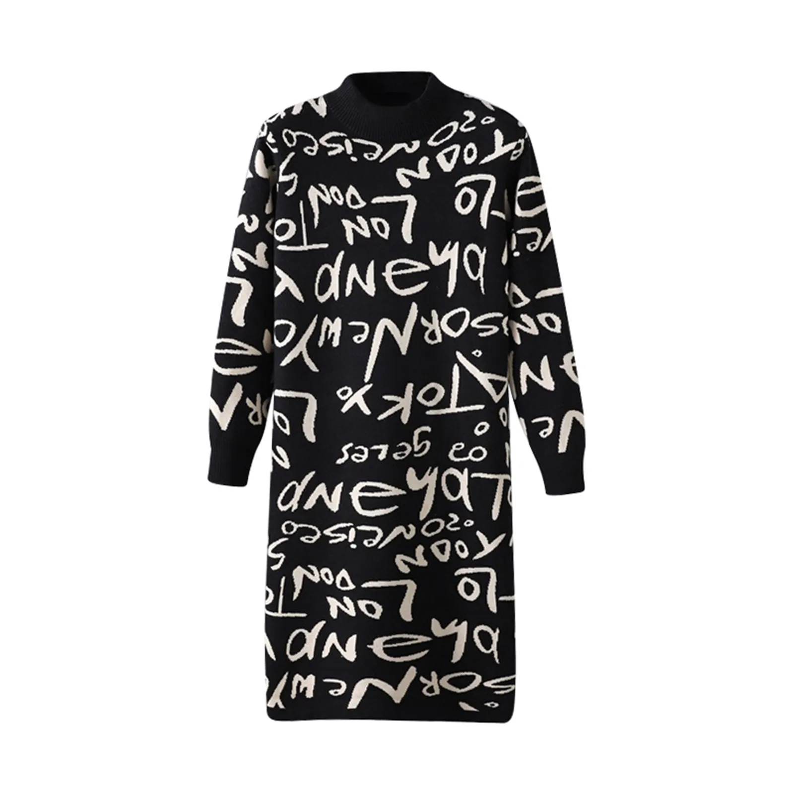 Women Long Sleeve Letter Graffiti Sweater Dress Casual Womens Dresses Autumn New Vintage Knit Pullover Knitwears Sweater Jumper