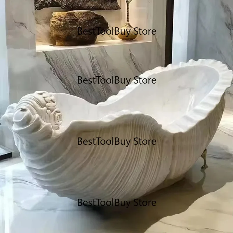 New Design Hand-Carved Solid Marble Bathtub, Beautiful Conch-Shaped Bathroom Tub