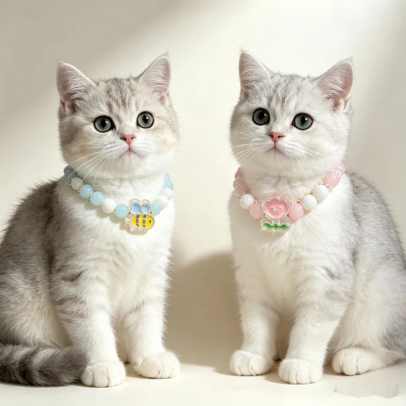 Cute Kawaii Pet Collar Handmade Round Bead Necklace with Tulip Bee Charm, No Chain Design for Small Cats & Tiny Dogs