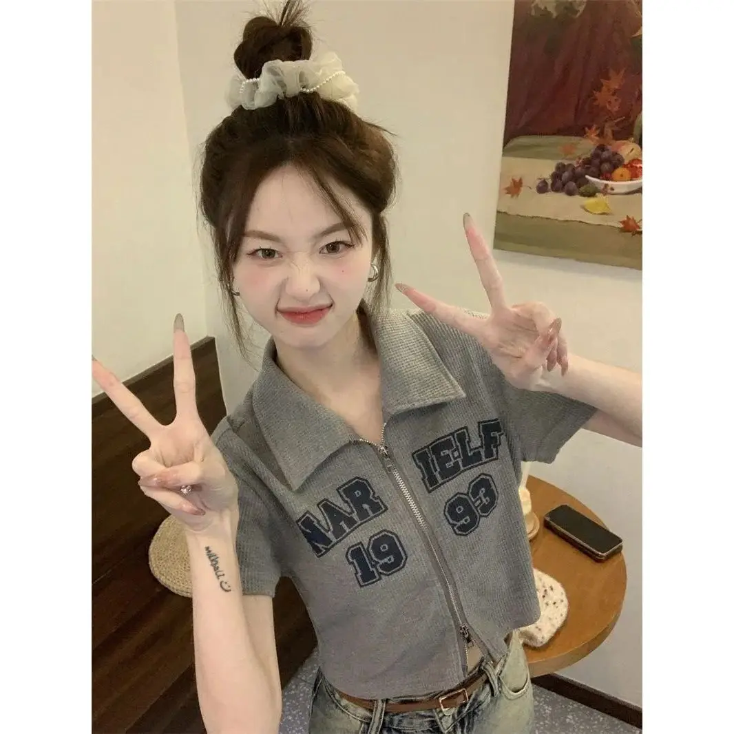 Summer Short Sleeve  Neck T-Shirt Women's Fashionable Dual Zipper Short Design Korean Style Breathable Skin-friendly Poly...