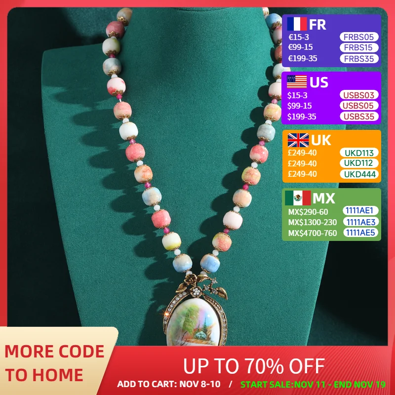 

Vintage Luxury Jewelry Designers Pink Beads Pendants And Charms Necklace Woman Fashion Accessories Party Dress Antique Stone New