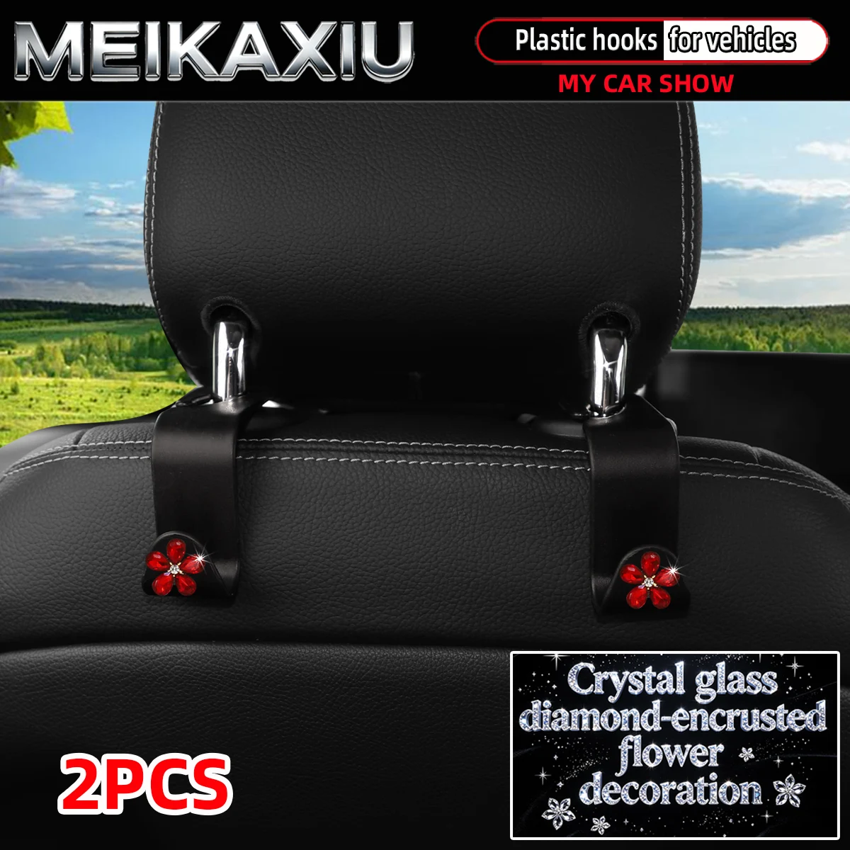 New Style Diamond-Studded Crystal Flower Car Seat Headrest Hooks Universal Blingbling Women's Handbag Bag Car Decoration 2-Pack