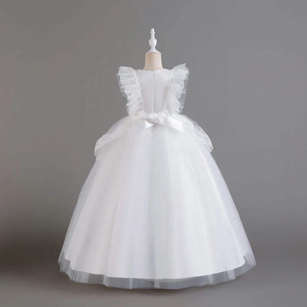 Children Wedding Dresses White Elegance Sleeveless Long Lace Princess Dress for Girls 6-13 Y Kids Host Piano Performance Gowns