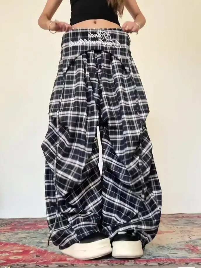 Calças xadrez casuais femininas originais americanas rua carta bordado camadas finas sle verão commute calças de perna larga