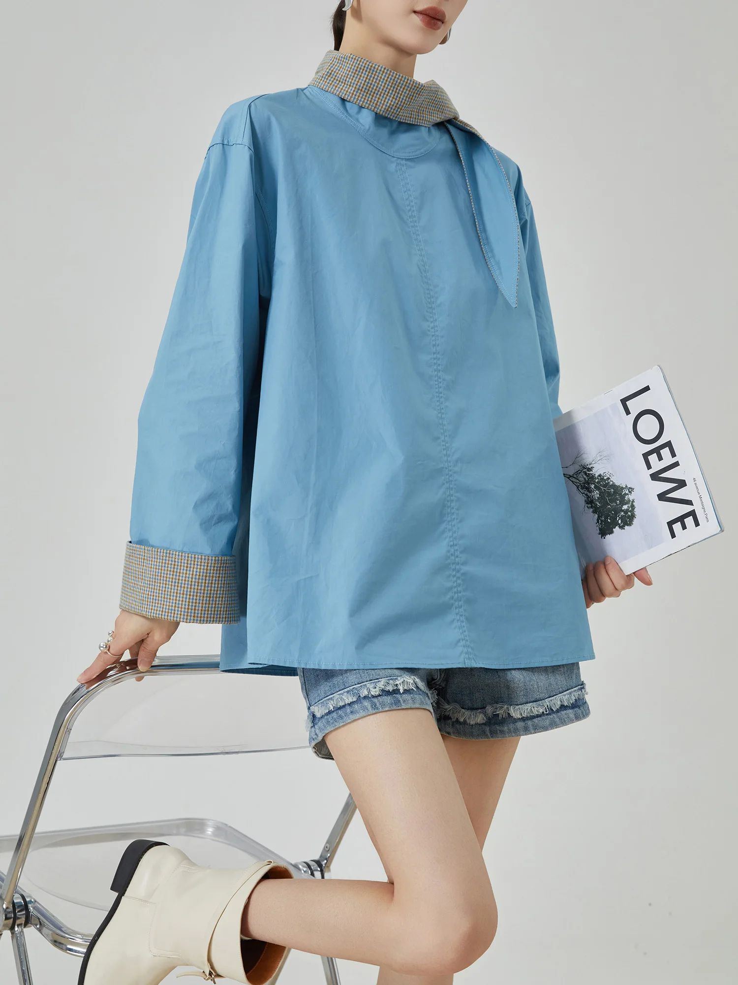 

Женская свободная рубашка с длинным рукавом в повседневном стиле для поездок на работу, синяя, весна-лето, новинка, с эффектом стройности, из полиэфирного волокна