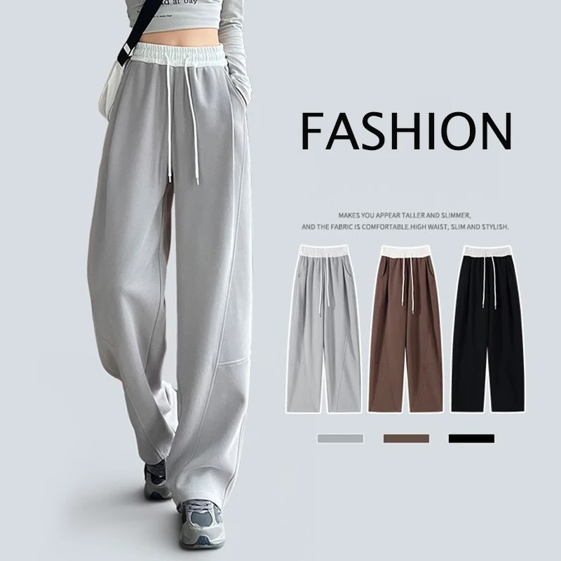 2025 Mädchen Lose Fit Breite Bein Jogginghose Weibliche Hohe Taille Casual Täglichen Hosen Frauen Klassische Mode Kordelzug Hosen