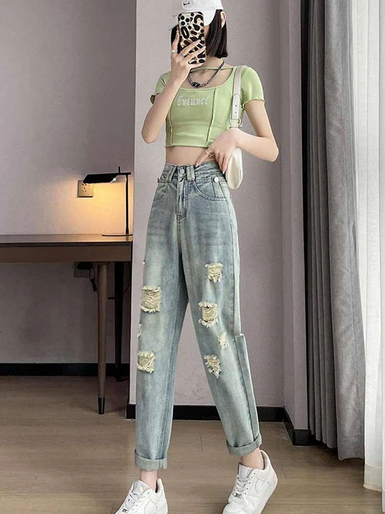 Broken hole dad jeans women's new summer high waisted radish harem pants pear shaped figure covered wide leg pants
