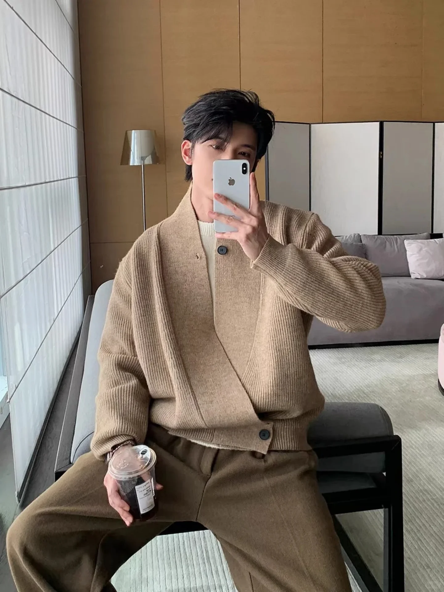 

Ele Knitted Cardigan Sweater Asymmetrical Design Winter Outerwear for Couples Casual Ciwalk Campus Date Par Wear