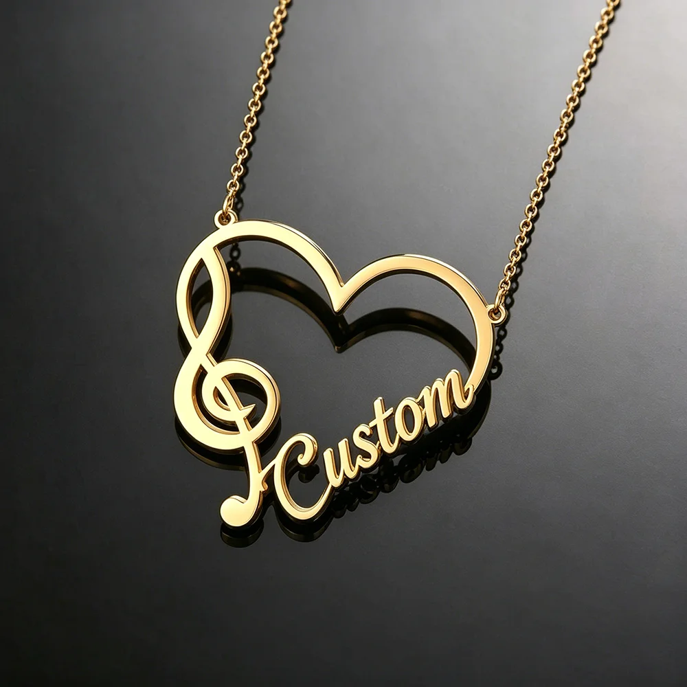 Sipuris Personalisierte Namens-Logo-Halskette aus Edelstahl, Musiknoten, Liebesherz, Namensschild, Goldener Choker, Modeschmuck, Geschenke – Detail 7