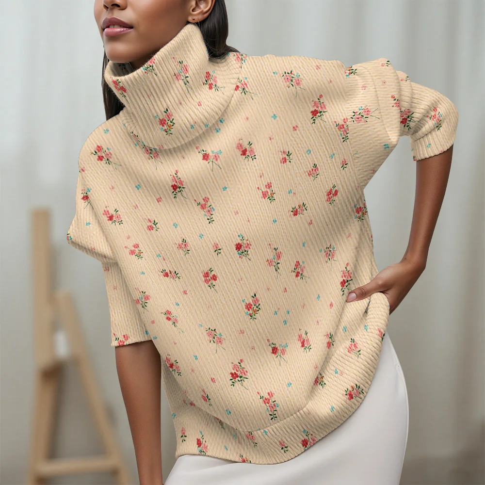 Lichtgekleurde bloemenelementen Coltrui Trui met lange mouwen Casual damestrui met fris blad- en bloemenpatroon