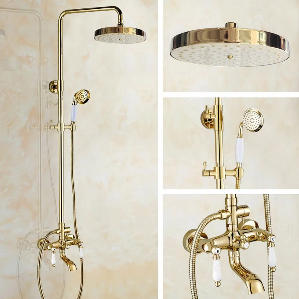 

Gold Color Brass Wall Mounted Bathroom Round Rainfall Shower Head Hand Shower Faucet Set Tub Mixer Tap agf375