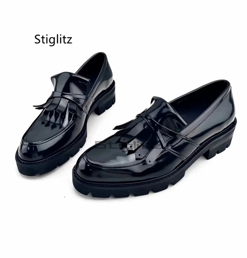 Men's Black Patent Leather Tassel Loafers Thick Soled British Style Chunky Platform Shallow Slip On Casual Business Dress Shoes