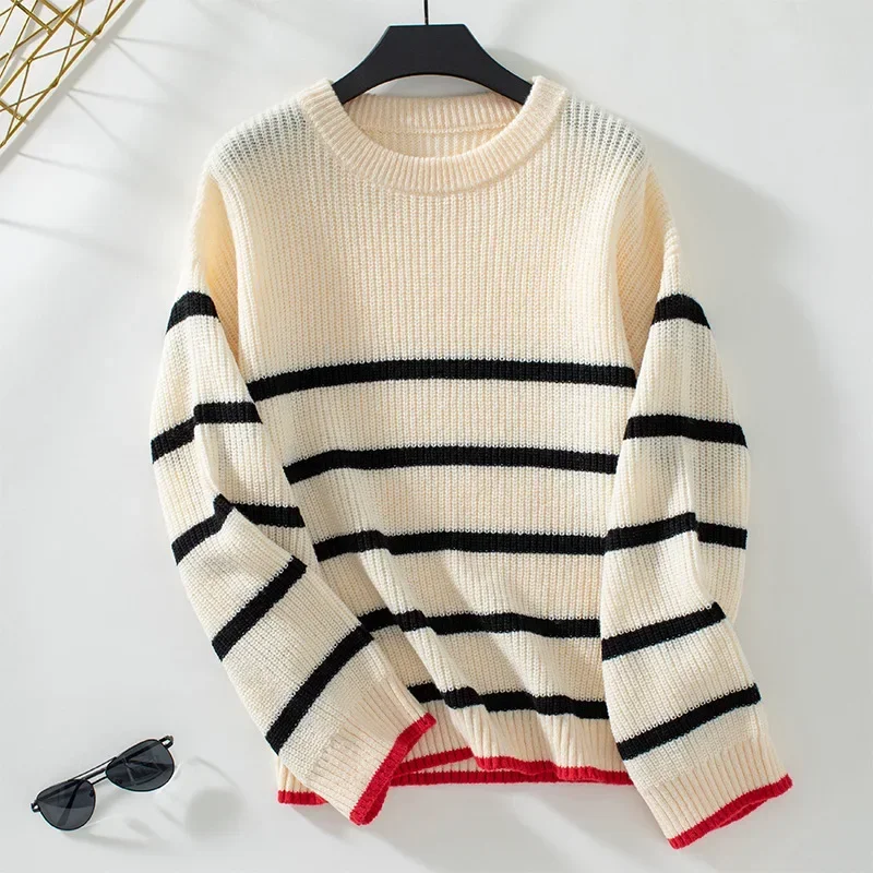 New Autumn Casual Loose Striped Knitted Pullover Sweater Women Jumper 2024 Winter O-neck Long Sleeve Knitwear for Women Sweaters