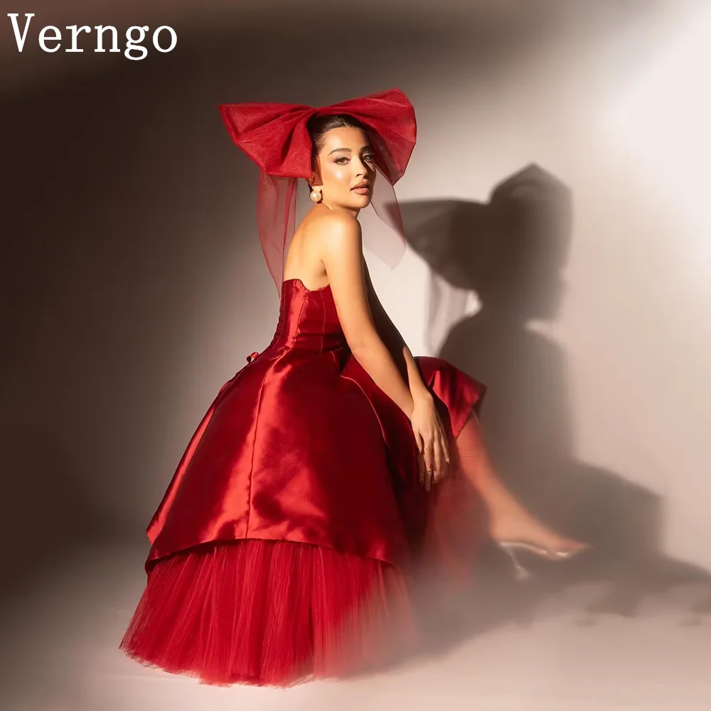 

Verngo Red Satin Long Evening Dress Strapless A Line Prom Party Dresses Women Elegant Lace Up Prom Gowns Customized