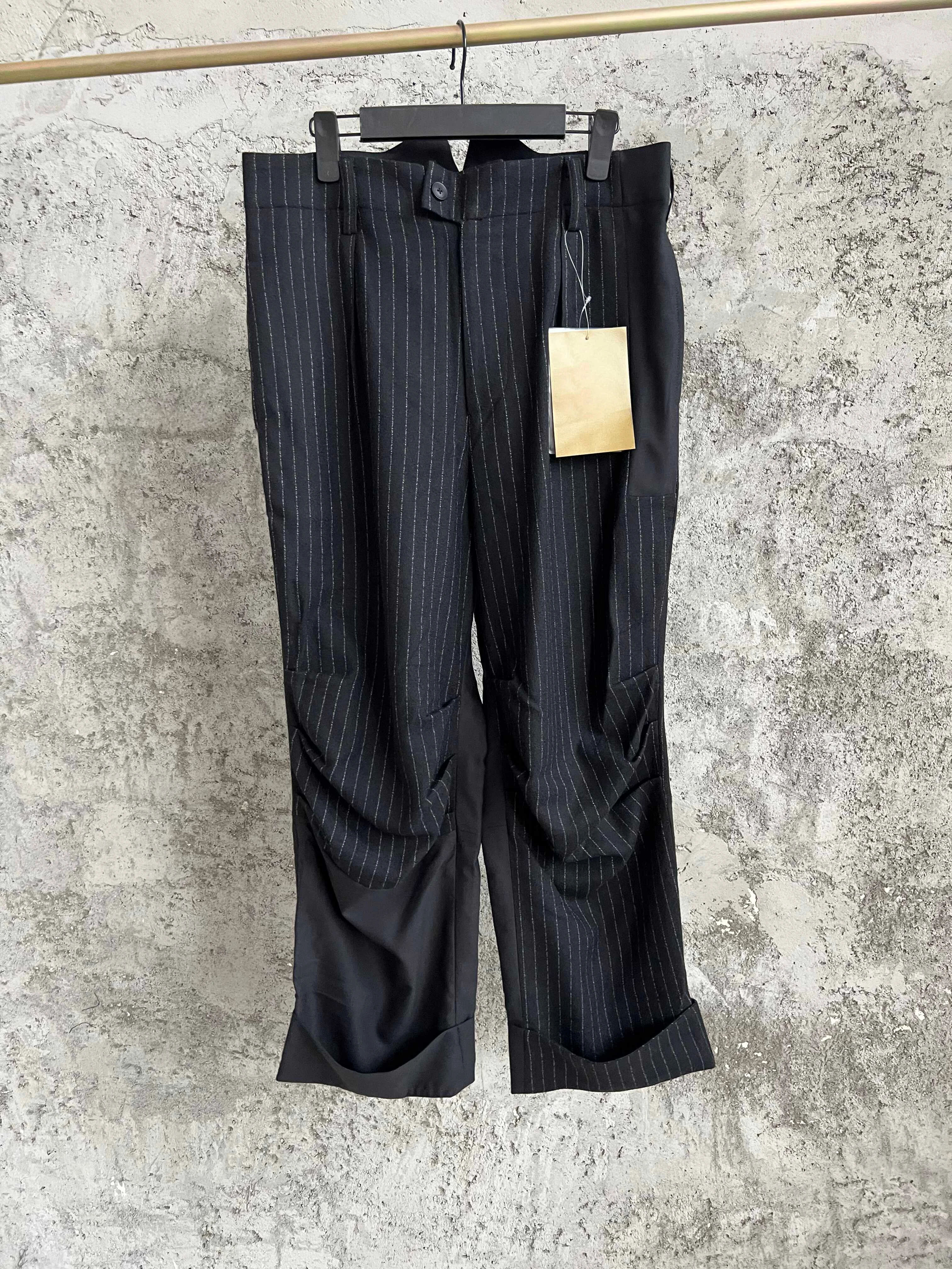

TOP-YAMAMOTO striped casual patchwork design trousers, straight-leg long pants, with buttoned-up adjustable rolled-up legs