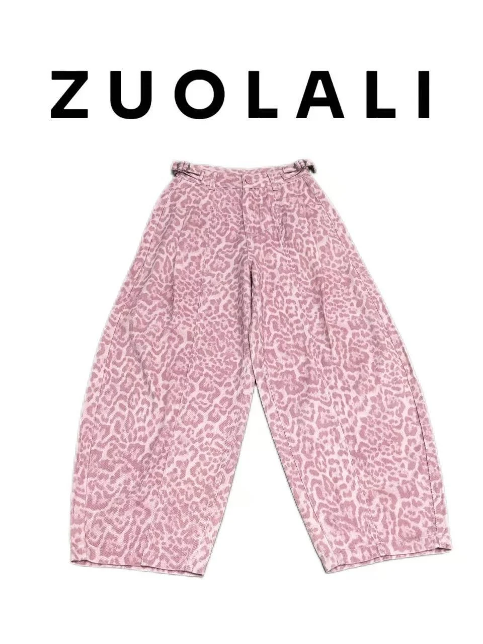 

High Waist Wide Leg Jeans Pink Leopard Print Design Casual Comfortable Cotton Blend Spring Fashion Women's Premium Denim