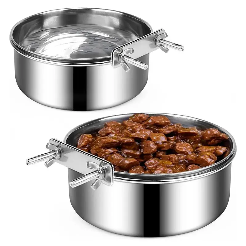 A20Q-Dog Bowls Paquete de 2, tazón de acero inoxidable para comida y agua para perros, tazones colgantes para jaula, jaula o caseta, antideslizantes, color plateado