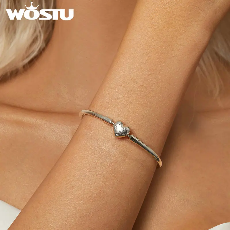 WOSTU Real 925 Sterling Silver AAA Zircon Star Bangle Bracelet Simple Basic Bangles Fit Original Charms Beads DIY Gift for mom