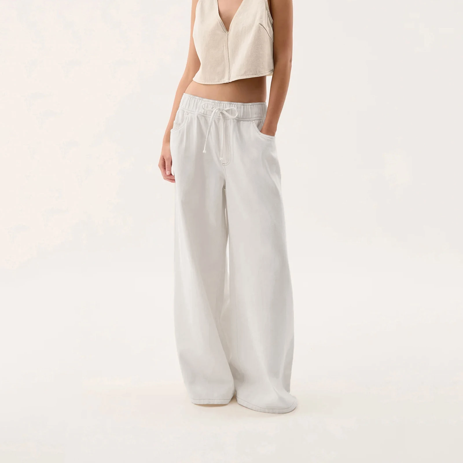 Damskie jeansy z kieszeniami, codzienne, proste, stylowe, jednolite, ze średnim stanem, ze sznurkiem, z szerokimi nogawkami, spodnie dżinsowe.