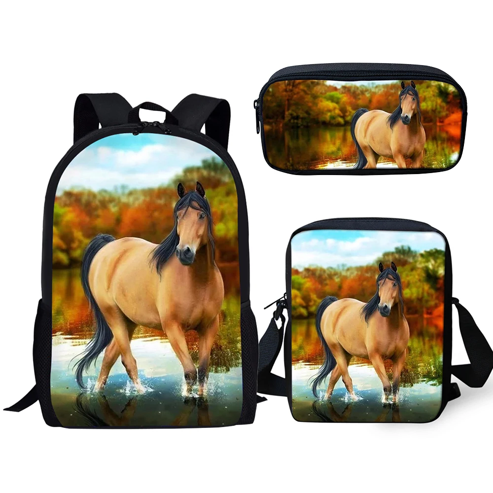 Harajuku Popular White Horse 3D Print 3pcs/Set pupil School Bags Laptop Daypack Backpack Inclined shoulder bag Pencil Case