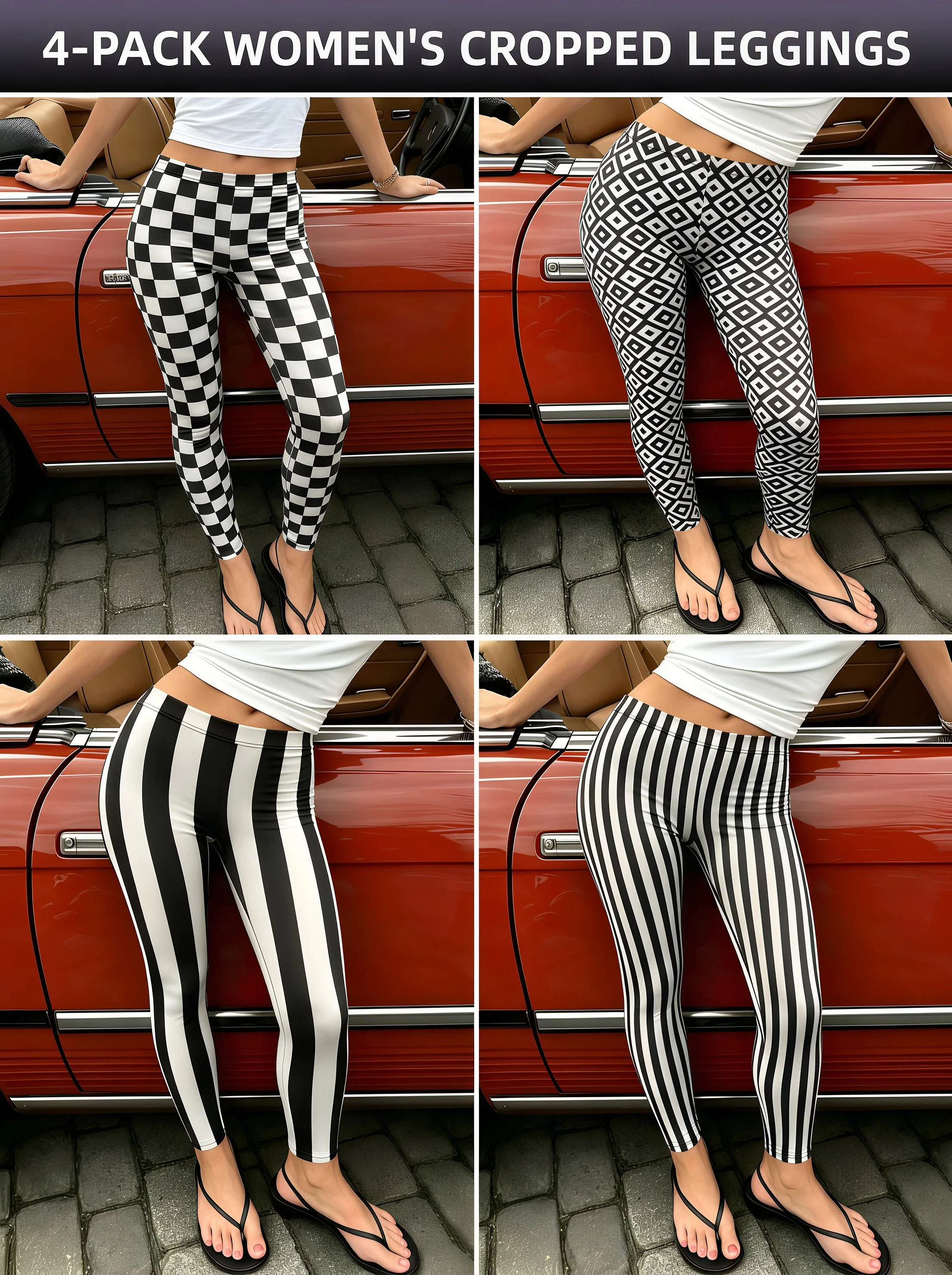 4-Pack Retro Trendy Black White Checkered Striped Printed High Waist Cropped Leggings Plaid Geometric Pattern Skinny Long Pants