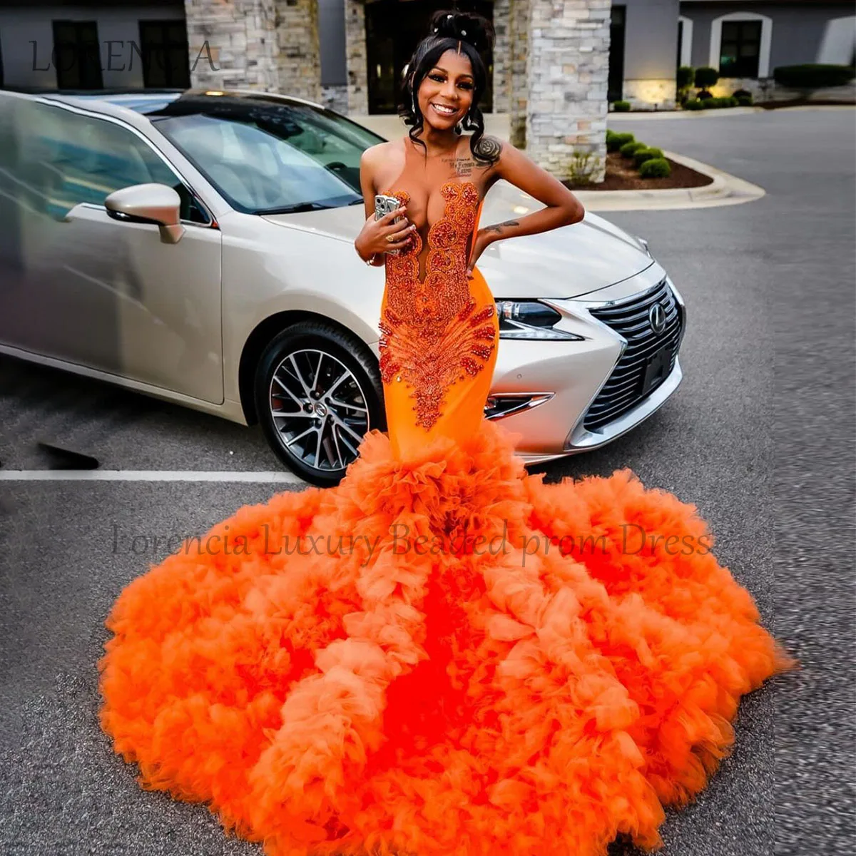 Vestido de fiesta de sirena con purpurina y diamantes de imitación para niña, traje de noche con volantes de cristal, color negro y naranja, 2024