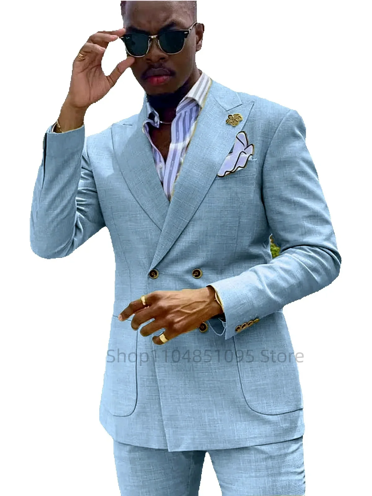 عادية الصيف الكتان سليم صالح الدعاوى للرجال مزدوجة الصدر بلغت ذروتها التلبيب رجل 2 قطعة الزي مجموعة الحلل مع السراويل بدل زفاف #3