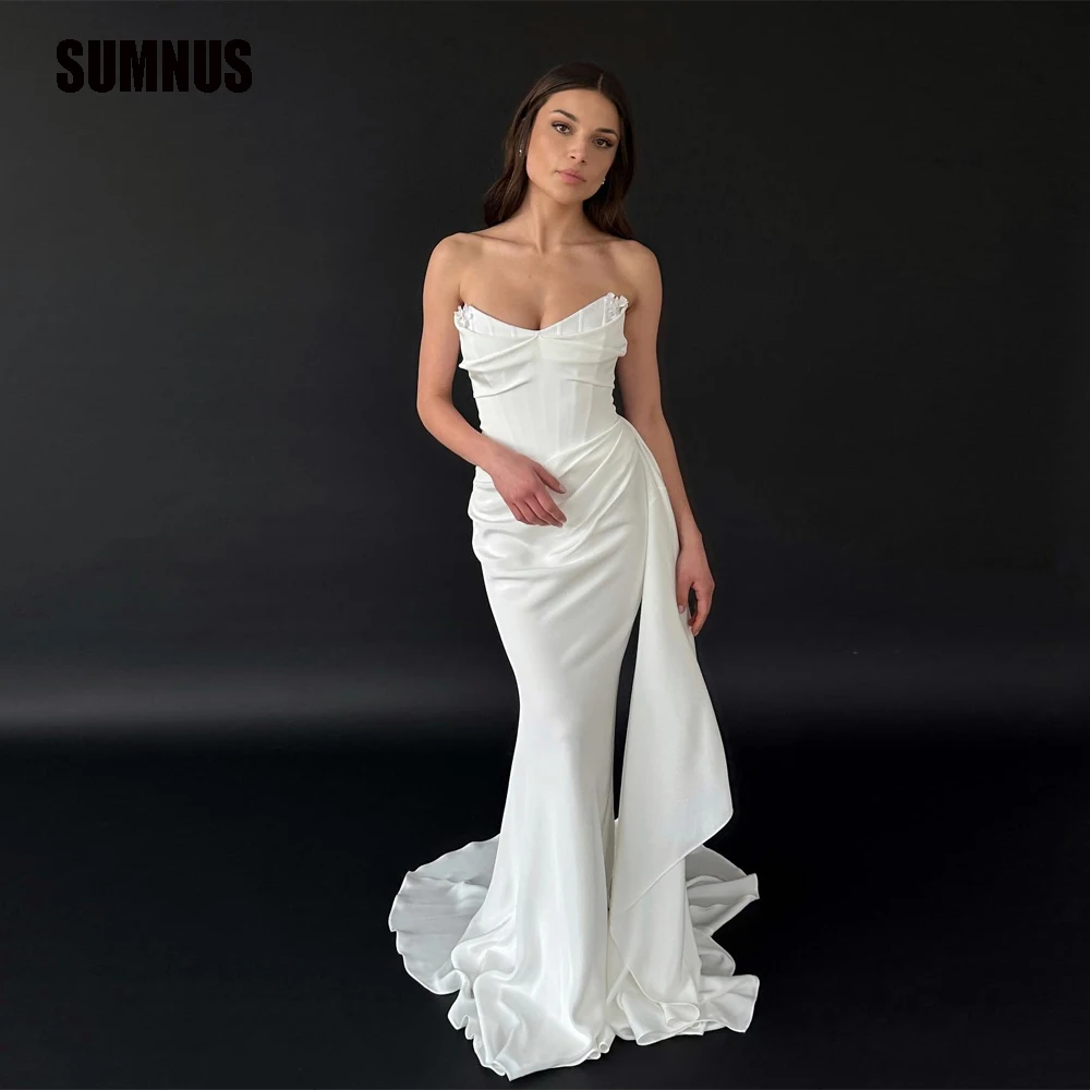 SUMNUS Popular Strapless Sheath Mermaid Wedding Dresses Princess Sleeveless Beach Bridal Growns Draped Train Robe de Mariage