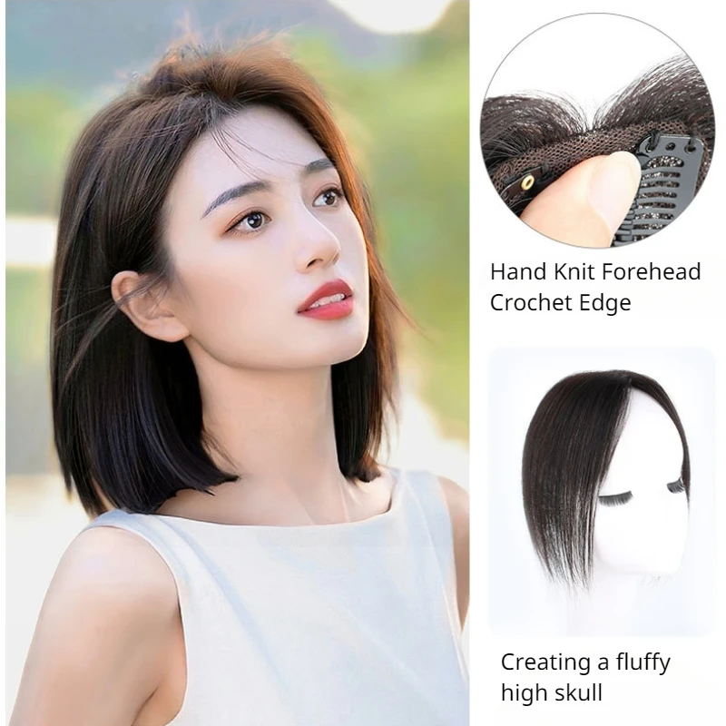 Mode pengganti rambut asli atas balok Wig rambut asli sejuk tipis rajutan tangan hati kecil untuk penggunaan sehari-hari wanita