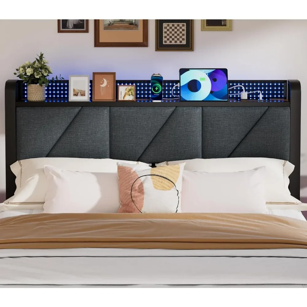 Full Bed Frame with LED Lights,Headboard with Charging Station and USB Port,Upholstered Platform Bedframe Metal Bed Bases