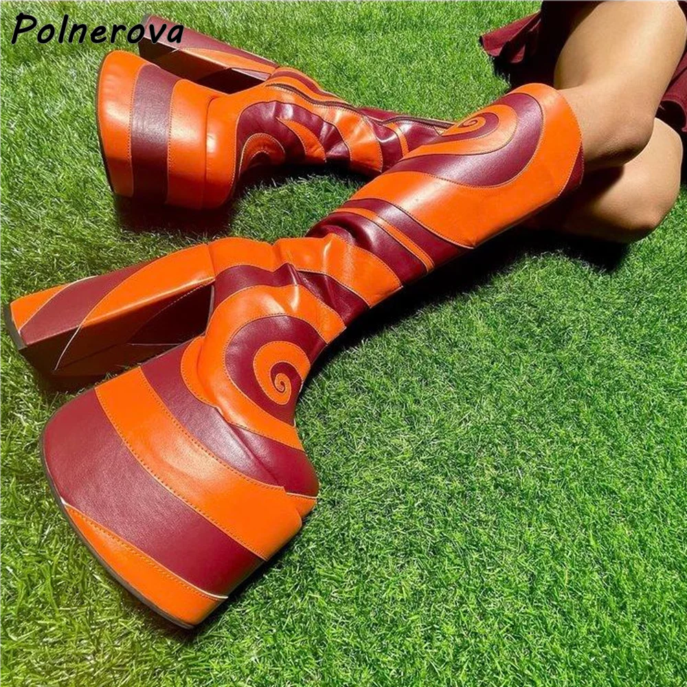 أسود أبيض دوامة أحذية طويلة منصة حذاء بكعب سميك عبر تعادل المرقعة حذاء برقبة للركبة 2025 شتاء دافئ مثير أحذية أنيقة #3