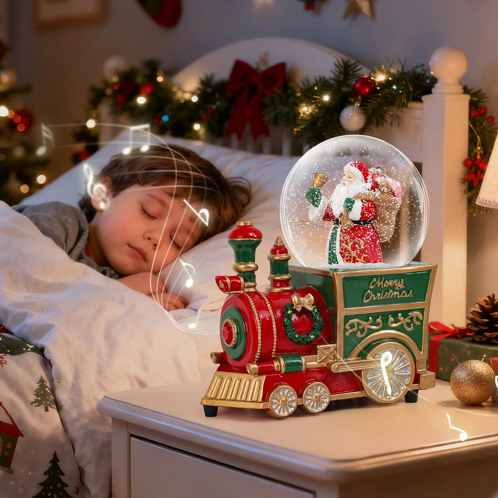 

Christmas Train Music Box Snow Globe A Whimsical Scene of Santa's Gift Delivery, Magical Holiday Decor to Spark Joy