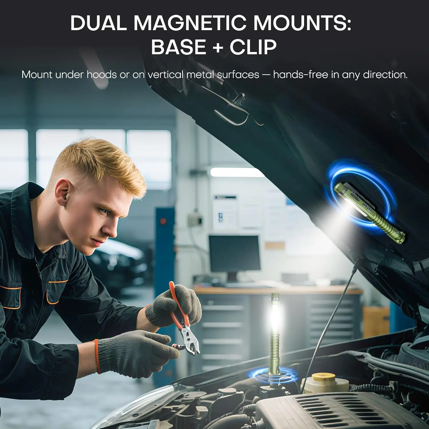 مصباح يدوي 800 لومن قابل لإعادة الشحن مع مشبك مغناطيسي، 11 وضع LED، USB-C، كسارة زجاج وفتاحة زجاجات لـ EDC، العمل، المنزل، Em