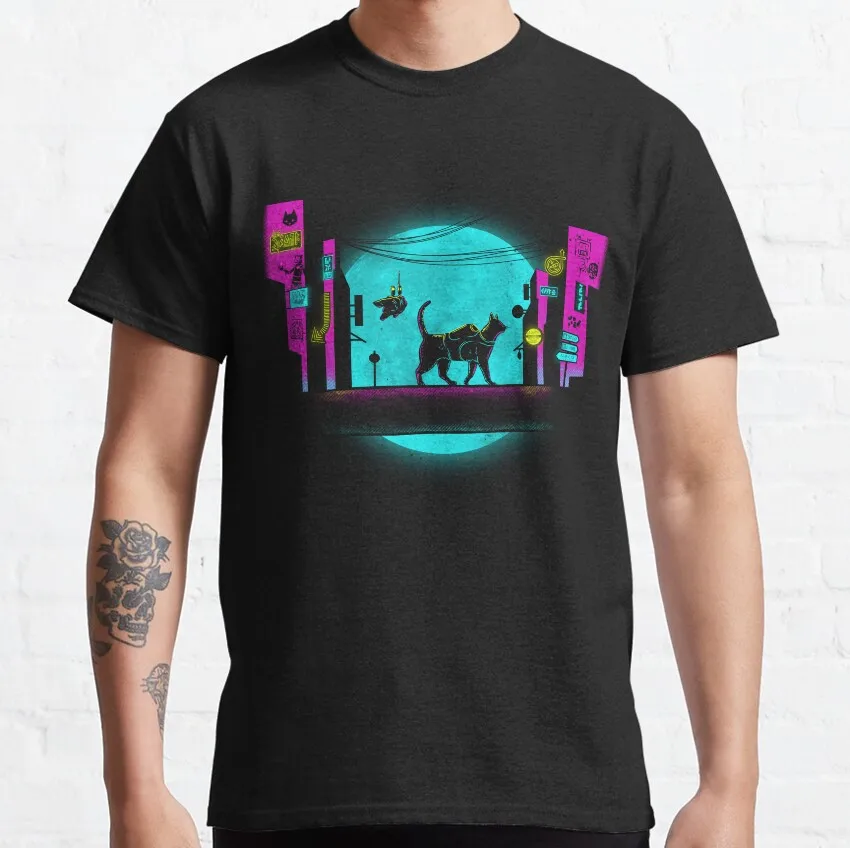 catuna matata Stray Video Game Cat Graphic T‑Shirt Unisex Cotton Tees Cyberpunk Stray Cat Print Casual Streetwear Gamer Fan Tops