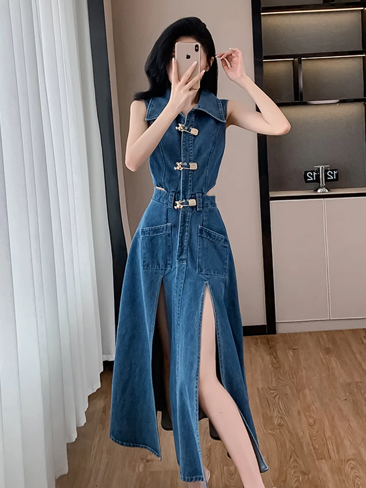 

Sweet Solid Denim Hollow Out Dew Off Shoulder Lapel Vintage Dress French Party Elegant Summer Sexy A Line Slit Slim Women Dress