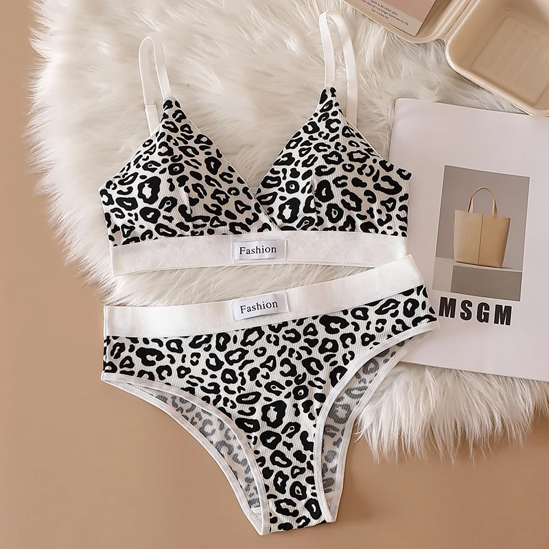 1/4 zestaw damski biustonosz bezszwowy zestaw majtki z niskim stanem Leopard Bralette seksowny komplet bielizny Vneck biustonosz sportowy damska