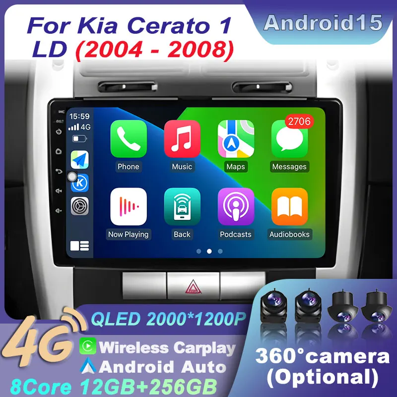 Carplay Auto Stereo Video WIFI Player NAVI GPS 4G Android 15 Head Unit QLED Car Radio For Kia Cerato 1 LD 2004 - 2008 Multimidia