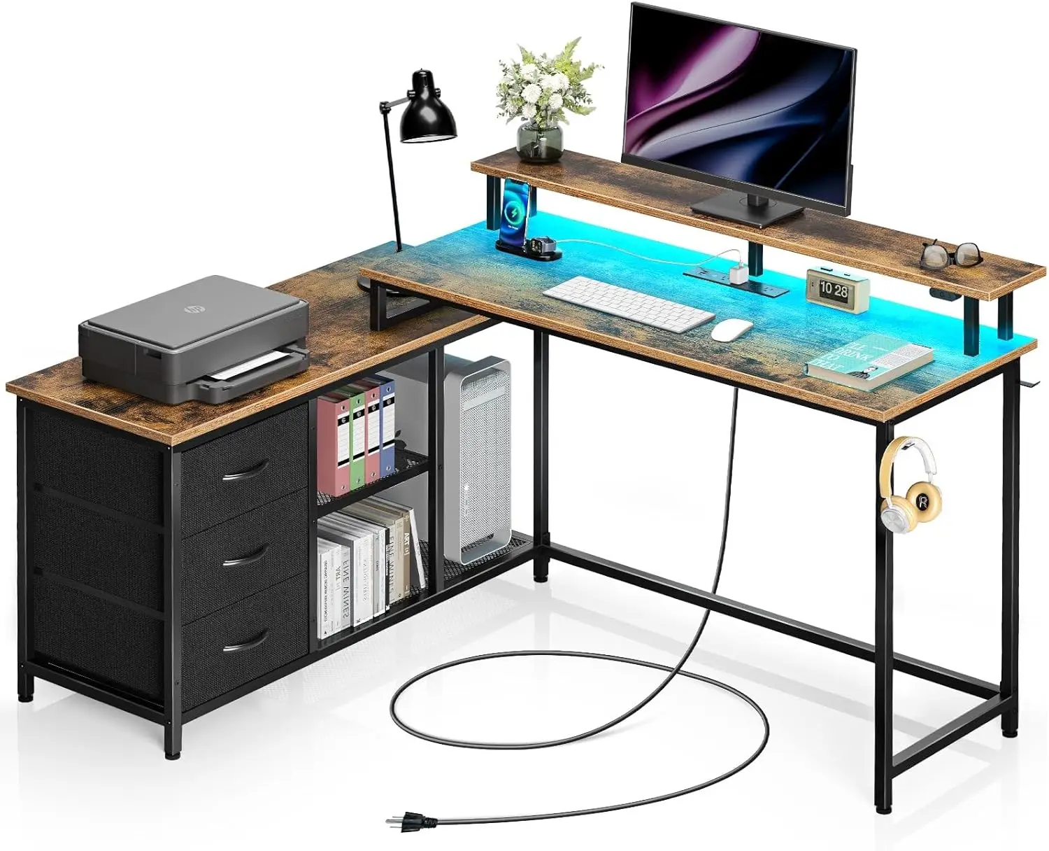 

L Shaped Computer Desk with Drawers, Reversible Gaming Desk with LED Lights & Charging Port, Corner Desk with Storage
