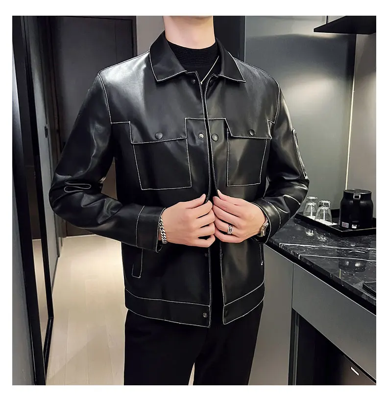 Men's Bomber PU Leather Jacket 2024 New Fashionable Motorcycle Tactical Waterproof Lapel Coat Business Casual Men's Clothing