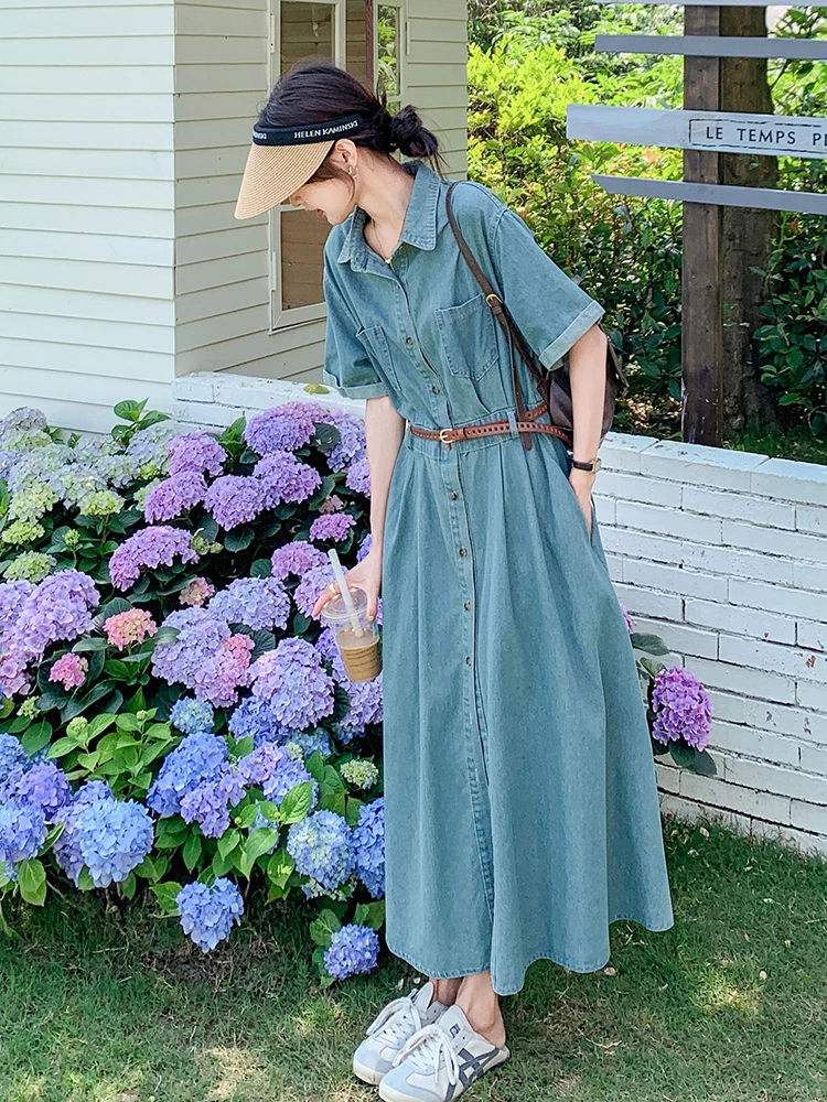 

Retro Ele Denim Dr Women's A-Line Long Skirt Summer New Hong Kong Sle Waist Cinching Slimming Age-Defng ort Sve