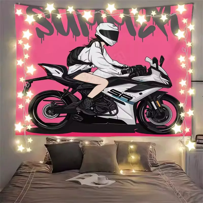 VIKAMA Y2K Motorcycle Girl Tapestry, American Street Style, Cool Bedroom And Living Room Background Fabric, Home Decoration